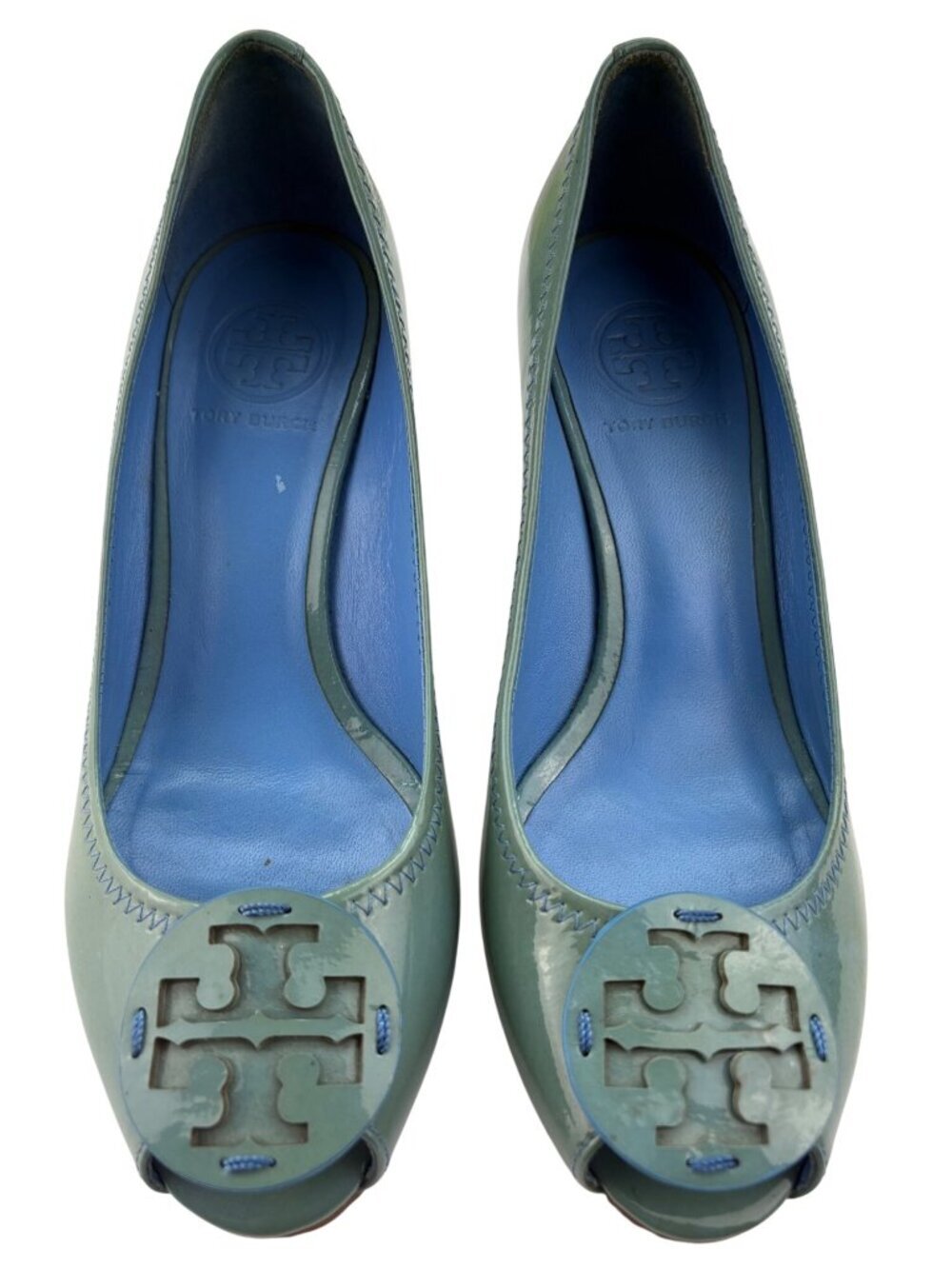 Tory Burch Patent Leather Peep Toe Wedge Pumps Blue Green RARE Colorway Size 8